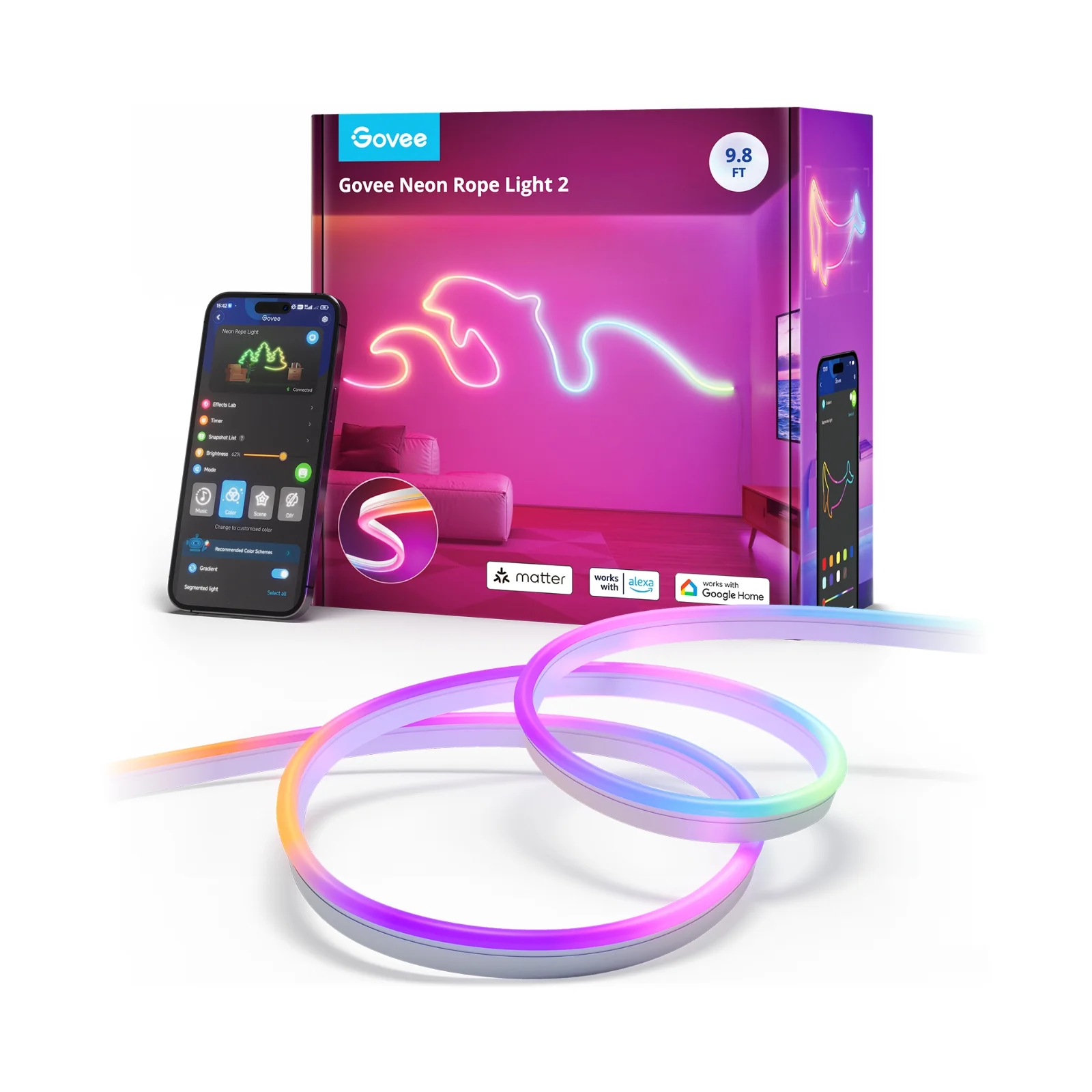 ریسه هوشمند نئون فلکسی 3 متری گووی مدل Govee Neon Lights RGBIC Neon Rope Light 2 H61D3