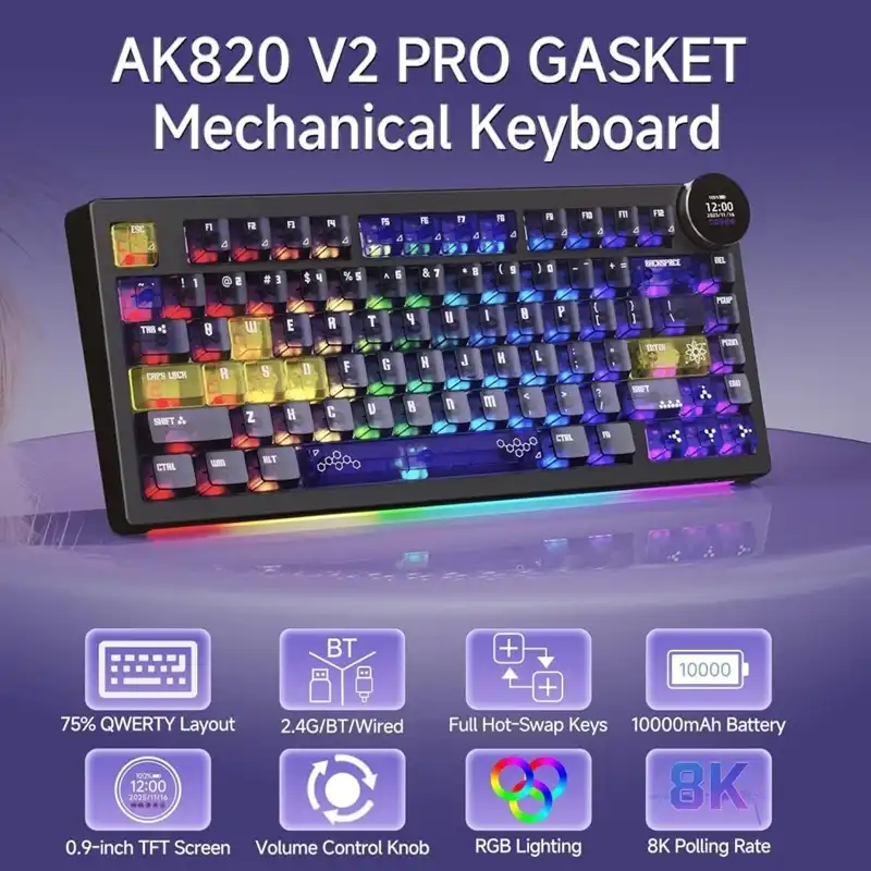 کیبورد گیمینگ ایجز مدل AJAZZ AK820 V2 PRO Wireless Yellow/Purple